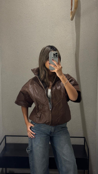 MJ85030 Zip-Up High Neck Quilted Jacket - Brown Loft