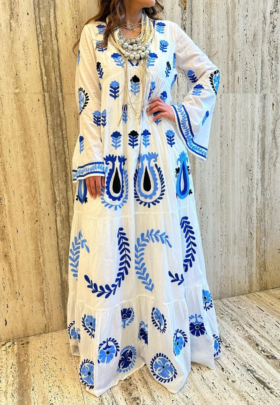 Tulip Embroidered Cotton Long Dress - AWS2-816 - Brown Loft