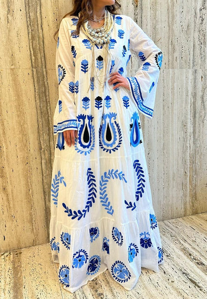 Tulip Embroidered Cotton Long Dress - AWS2-816 - Brown Loft