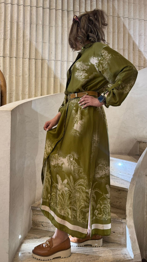 KD6255VS Jungle Print Satin Long Dress فستان طويل من الساتان بطبعة الغابة