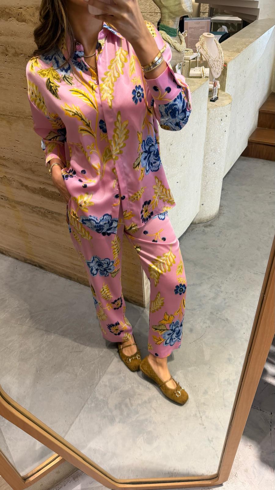 LS2614023 Floral Print Satin Joggers Pants بنطال جوغر من الساتان بطبعة الأزهار - Brown Loft