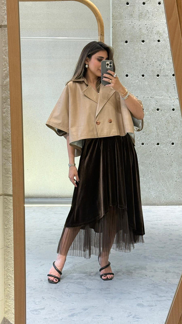 53-9303 Double Breasted Cape Cropped Leather Jacket سترة جلدية مقصوصة ذات صدر مزدوج