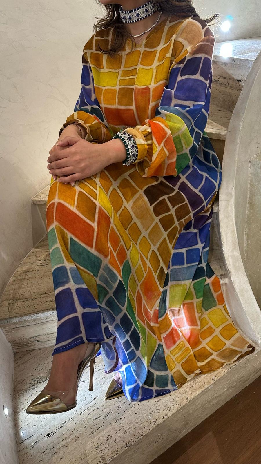 Design-304 V Neck Square Printed A Line Oversized Long Kaftan - Brown Loft
