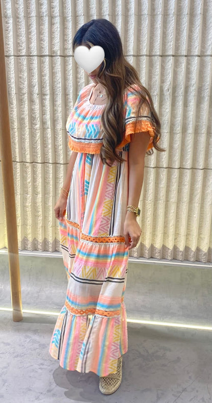 I208 Off Shoulder Bohemian Maxi Dress - Brown Loft