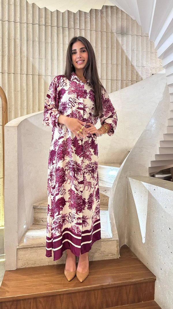 KD6255VS  Safari Print Oversized Satin Long Dressفستان طويل من الساتان بطبعات سفاري