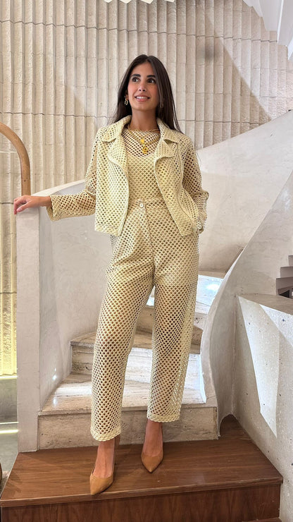 53-5128 Buttoned Zippered High Waist Perforated Metallic Pants - Brown Loft