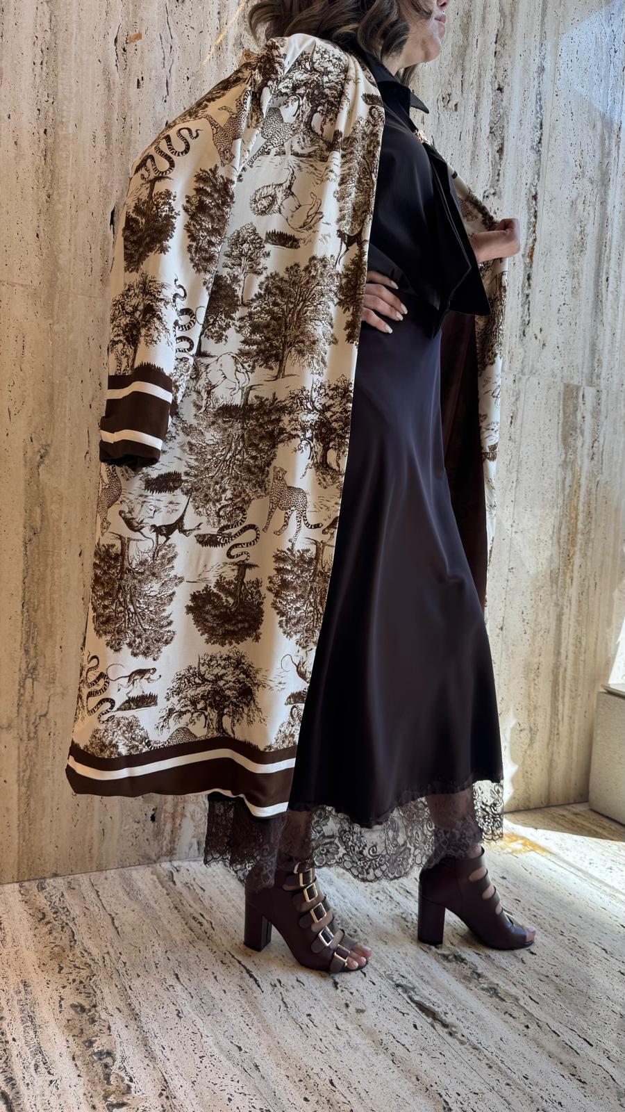 KD7182TN Safari Print Satin Long Cardigan - Brown Loft