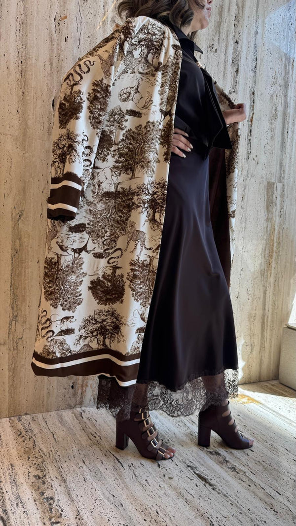 KD7182TN  Safari Print Satin Long Cardigan كارديجان طويل من الساتان بطبعة سفاري