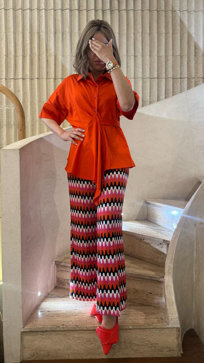 32241 Retro Print Wide Leg Pants with Elastic Waistband - Brown Loft