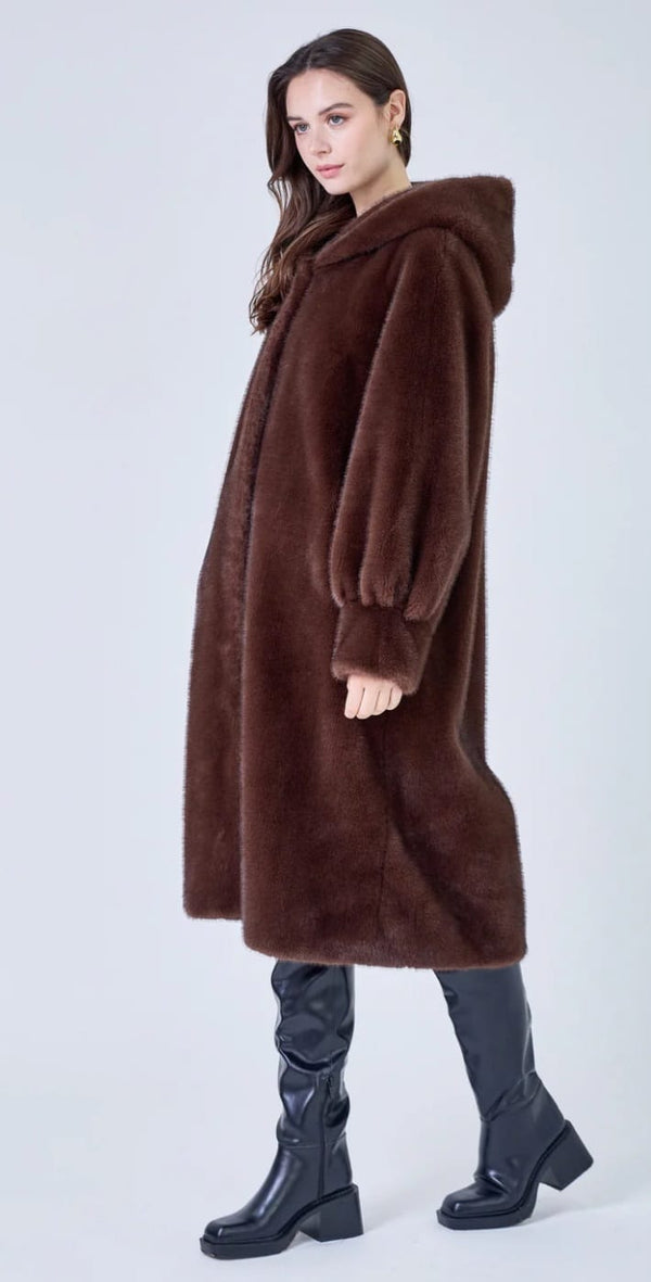 Isabella معطف طويل من الفرو الصناعي بغطاء للرأس