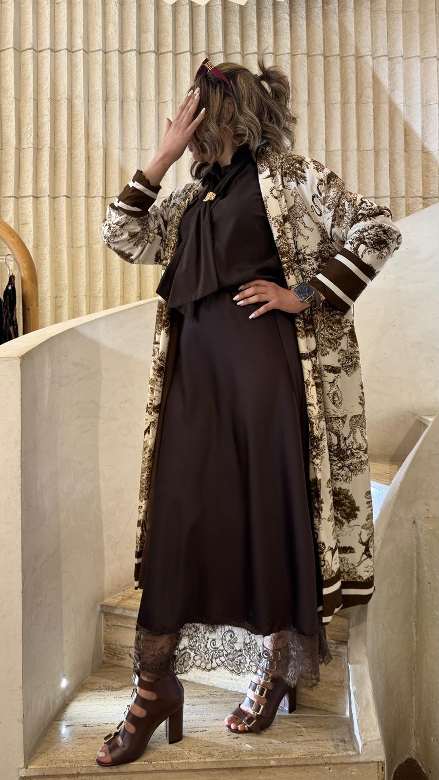 KD7182TN Safari Print Satin Long Cardigan - Brown Loft