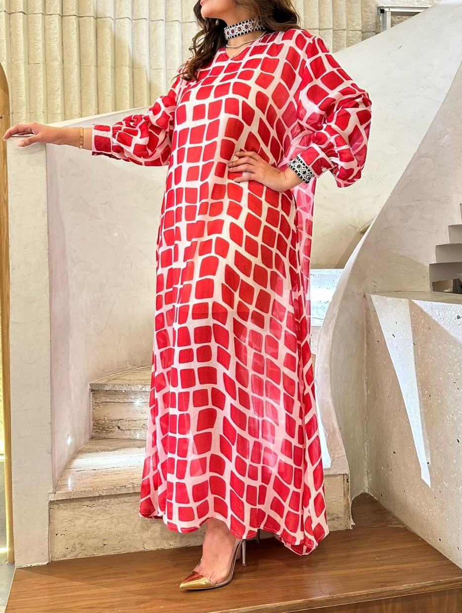 Design-304 V Neck Square Printed A Line Oversized Long Kaftan - Brown Loft