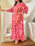 Design-304 V Neck Square Printed A Line Oversized Long Kaftan - Brown Loft