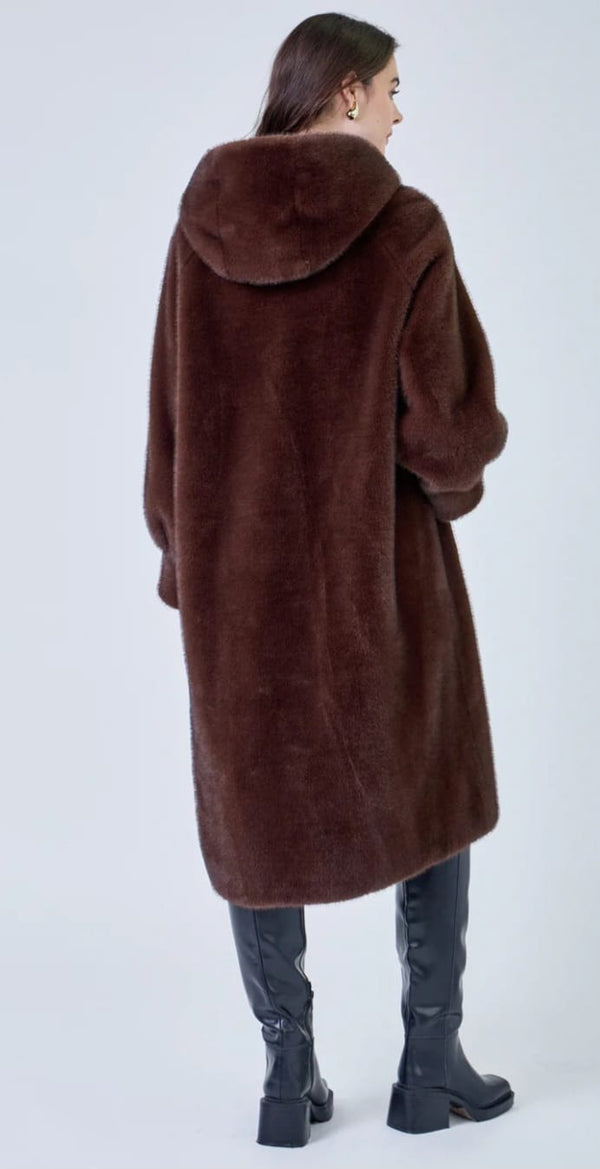 Isabella معطف طويل من الفرو الصناعي بغطاء للرأس