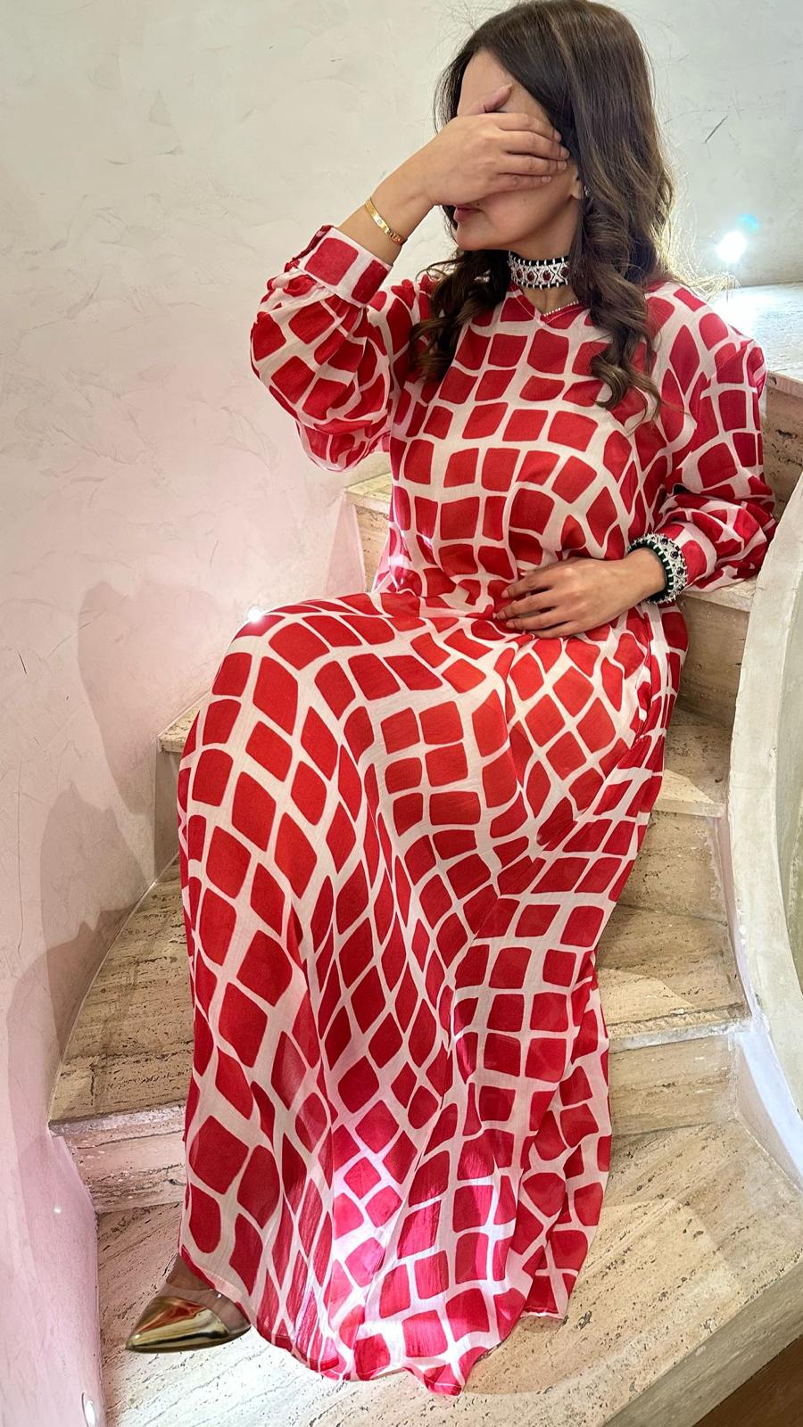 Design-304 V Neck Square Printed A Line Oversized Long Kaftan - Brown Loft