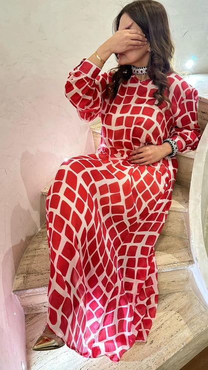 Design-304 V Neck Square Printed A Line Oversized Long Kaftan - Brown Loft