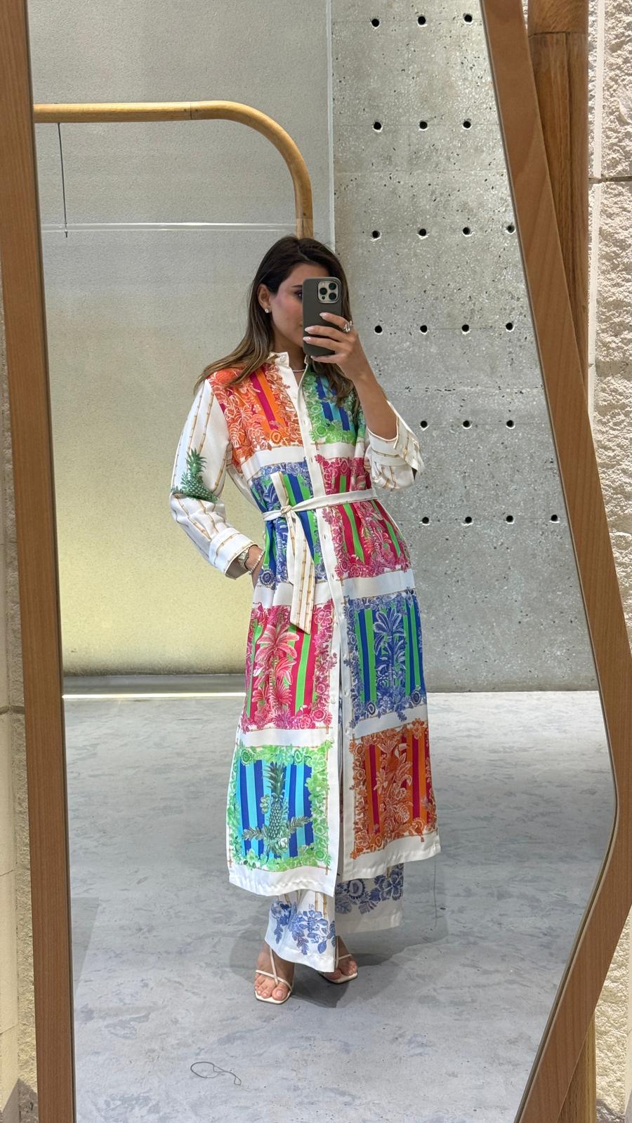 33656 Patchwork Print Long Dress فستان طويل مطبوع بنقشة مرقعة - Brown Loft