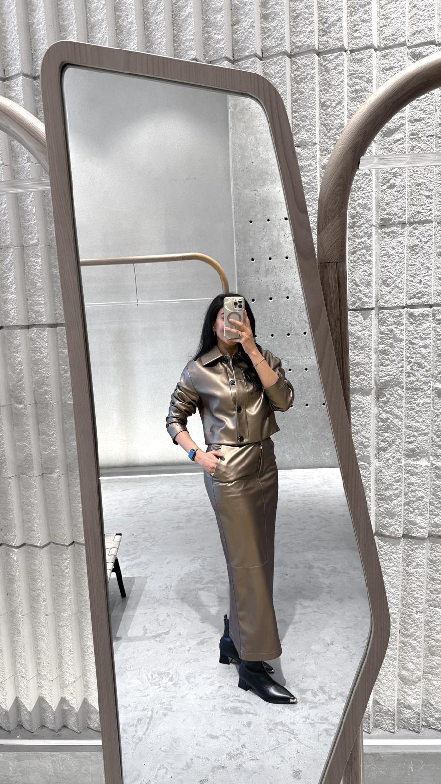54-1071/6051 Faux Leather Jacket and Skirts Set - Brown Loft