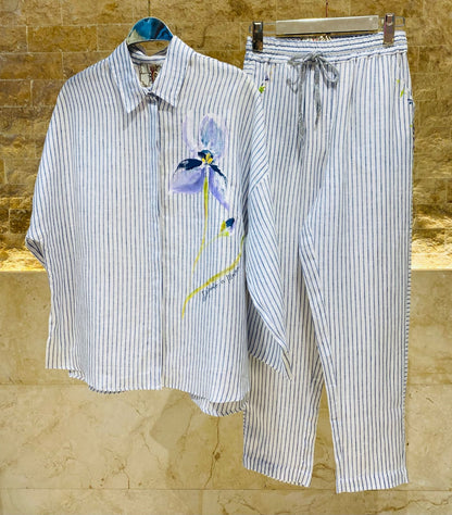 D157/F603 Floral Striped Linen  Shirt and Pants قميص وبنطال من الكتان المخطط بالزهور - Brown Loft