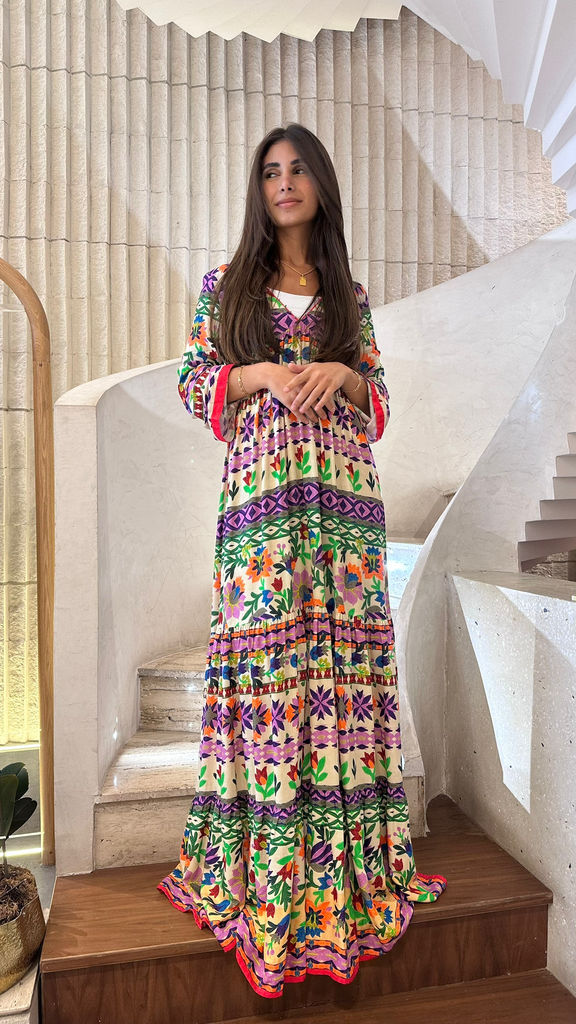 AWS2-882/25 Floral Printed Shirred Long Dress - Brown Loft