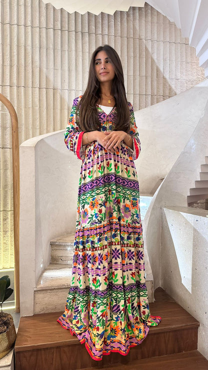 AWS2-882/25 Floral Printed Shirred Long Dress - Brown Loft