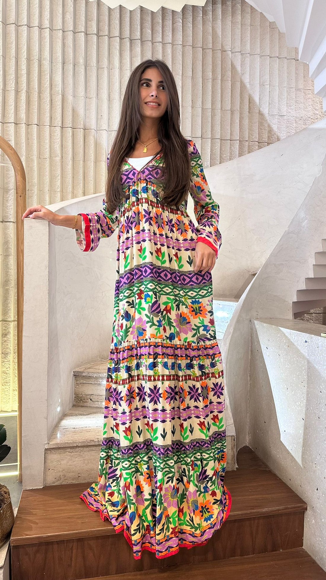 AWS2-882/25 Floral Printed Shirred Long Dress - Brown Loft