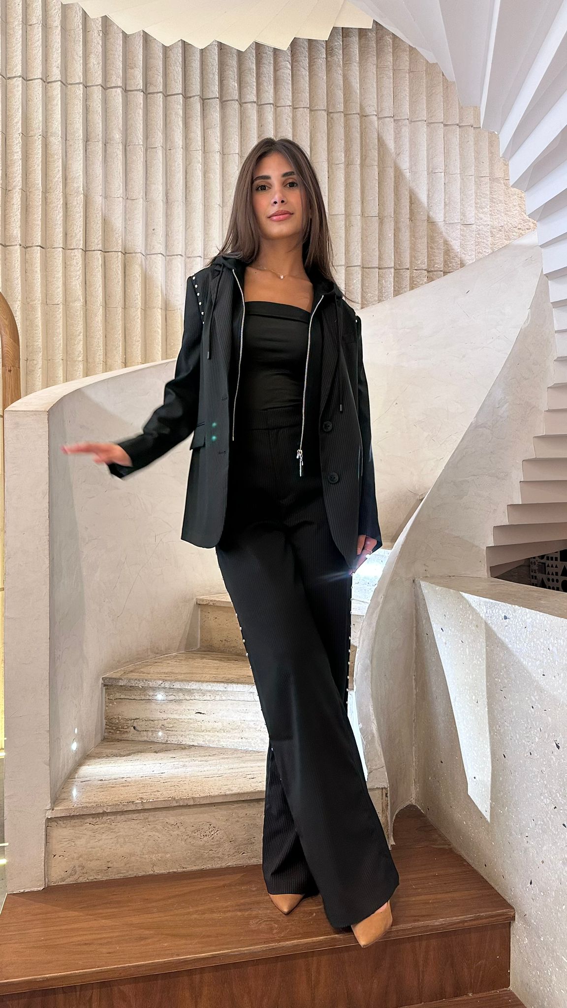 2502020/4014 Pinstriped Jacket with Detachable Hood and Classic Straight Pants - Brown Loft