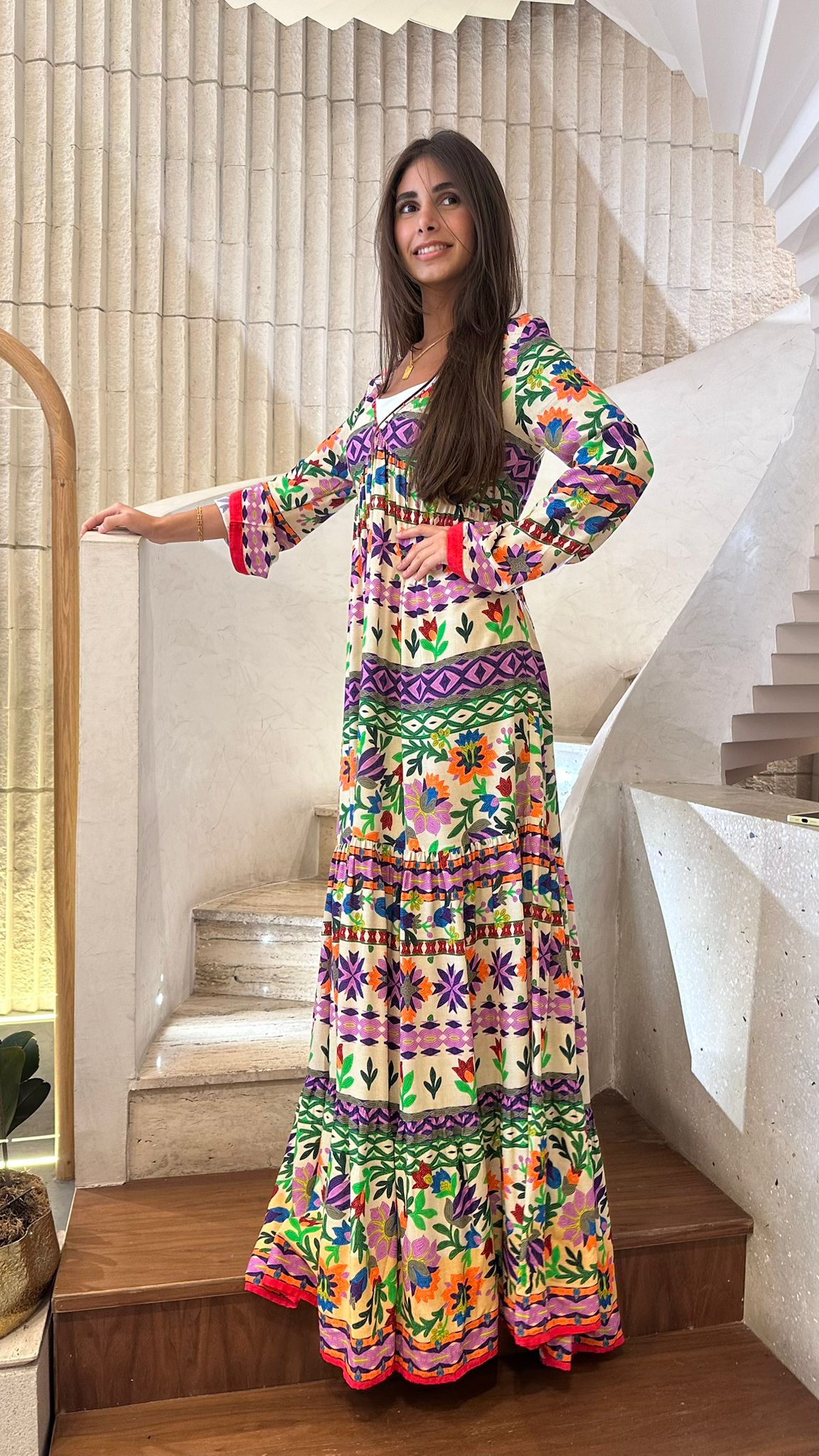 AWS2-882/25 Floral Printed Shirred Long Dress - Brown Loft