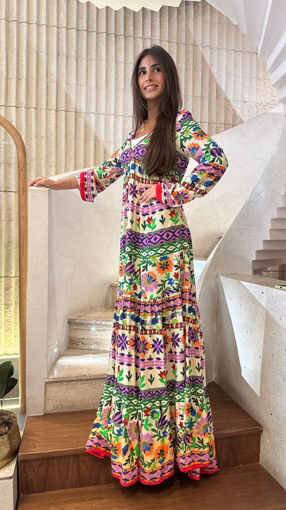 AWS2-882/25 Floral Printed Shirred Long Dress - Brown Loft