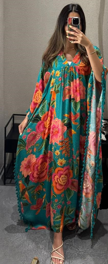 BL6 Satin Long Printed Kaftan Dress - Brown Loft