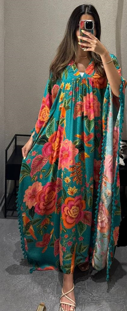 BL6 Satin Long Printed Kaftan Dress - Brown Loft
