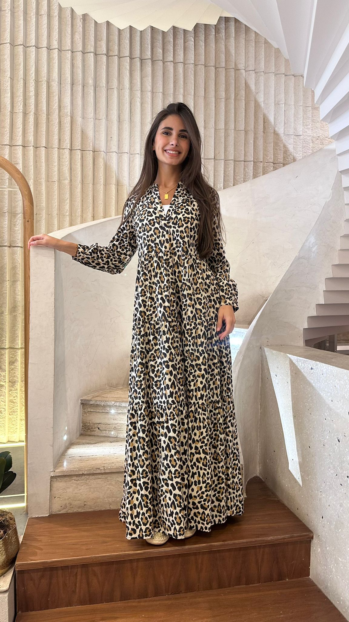 67148 Leopard - Mao V-Collared Tiered Long Dress - Brown Loft