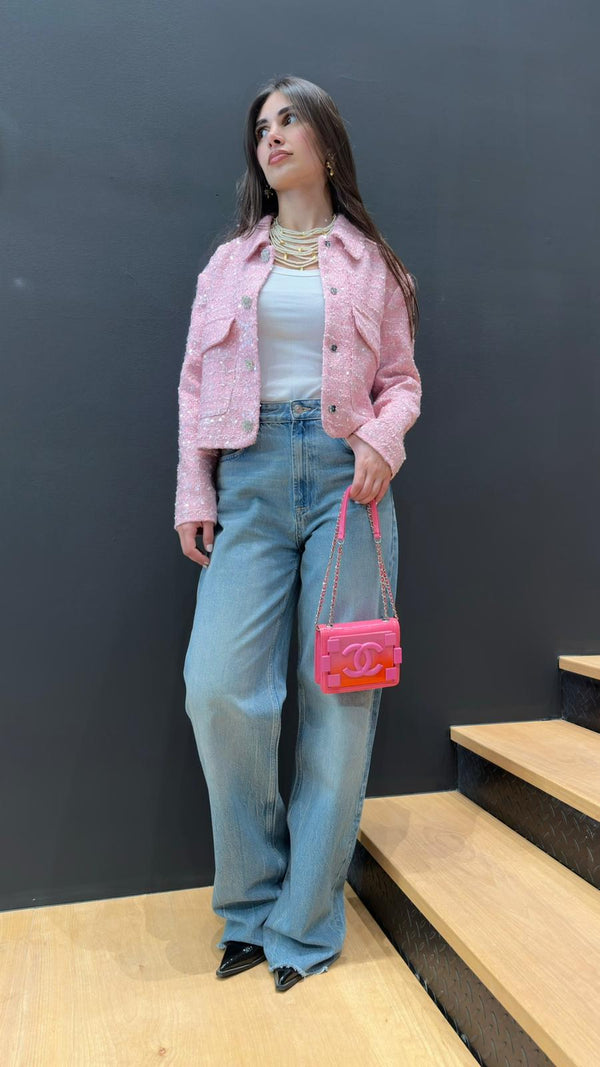 LS2602037 Tweed Sequins Short Jacket سترة قصيرة من التويد مزينة بالترتر