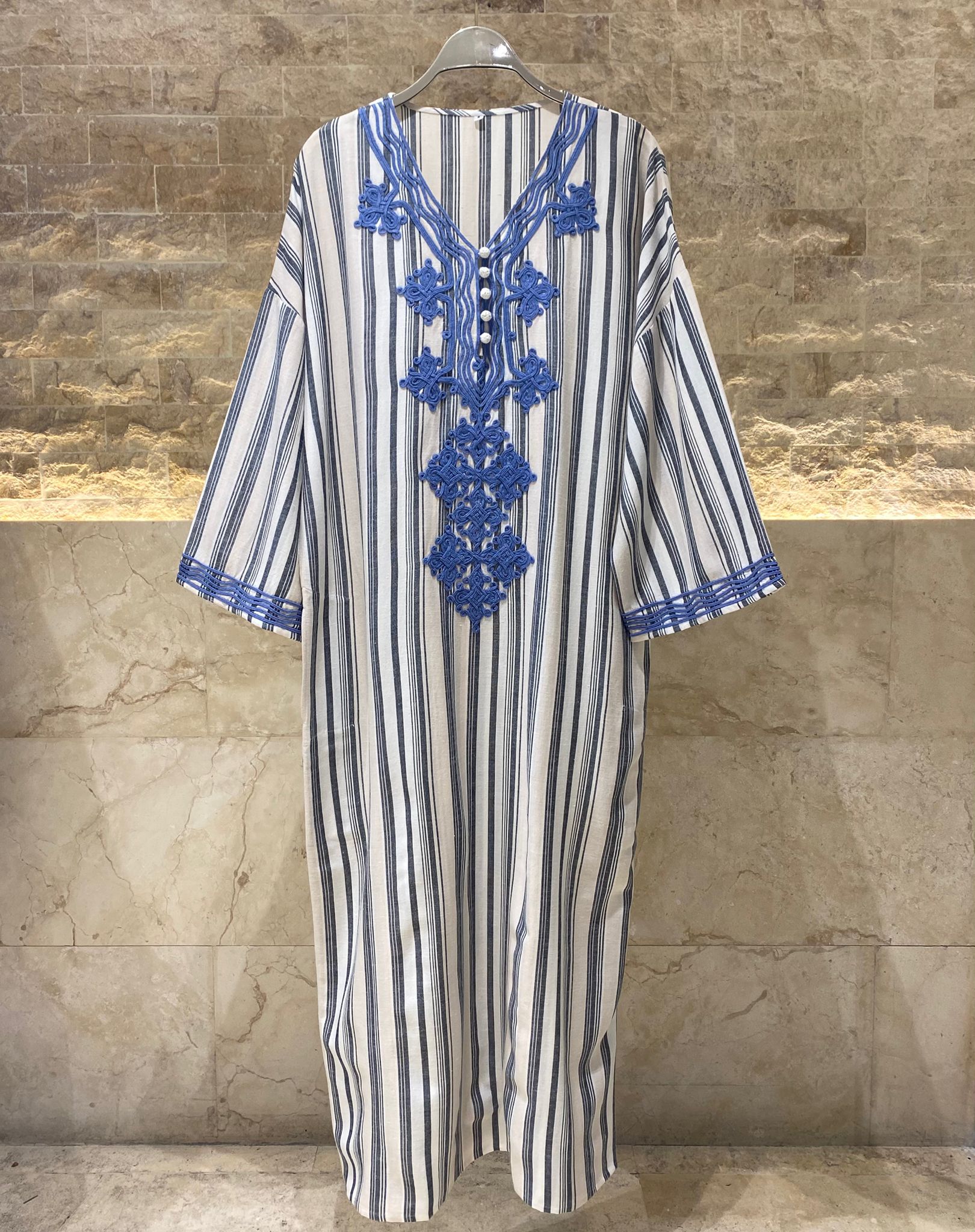 Striped Embroidered Long Kaftan - AWS2-857/25 - Brown Loft
