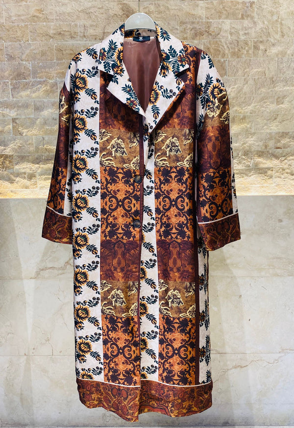 288F000434-A  Floral Printed Satin Oversized Coat الأزهار المطبوعة الساتان معطف المتضخم