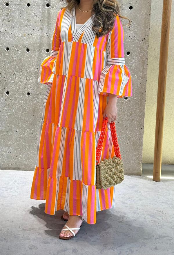 V Neck Tiered Flared Striped Long Dress - 32386