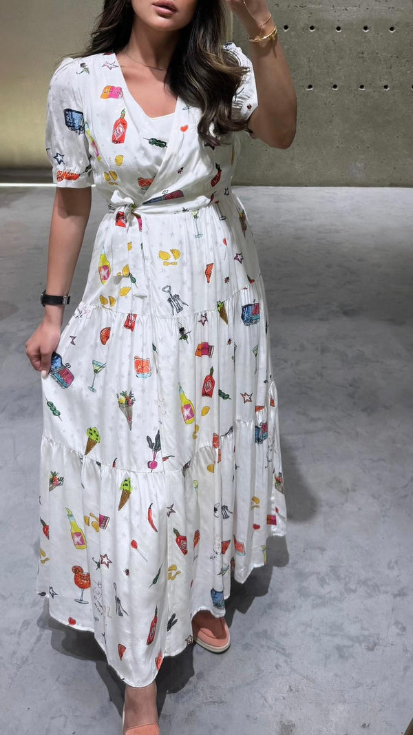 V Neck Crossover Printed Long Dress - 32346