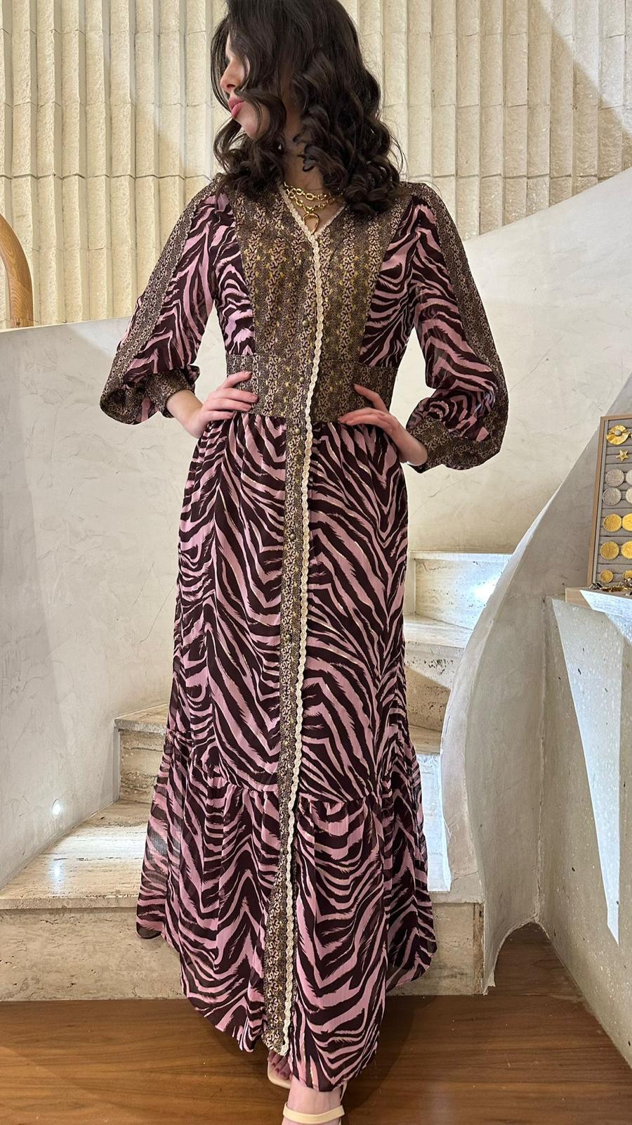 M05V144ROS Printed Chiffon Dress - Brown Loft
