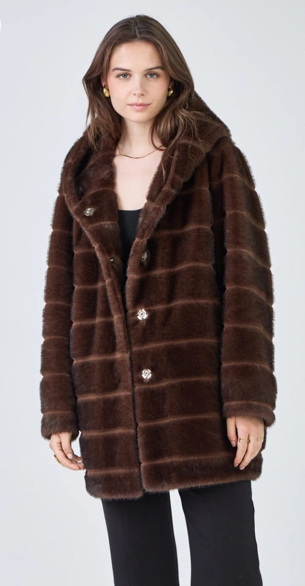 Britany معطف طويل من الفرو الصناعي بغطاء للرأس