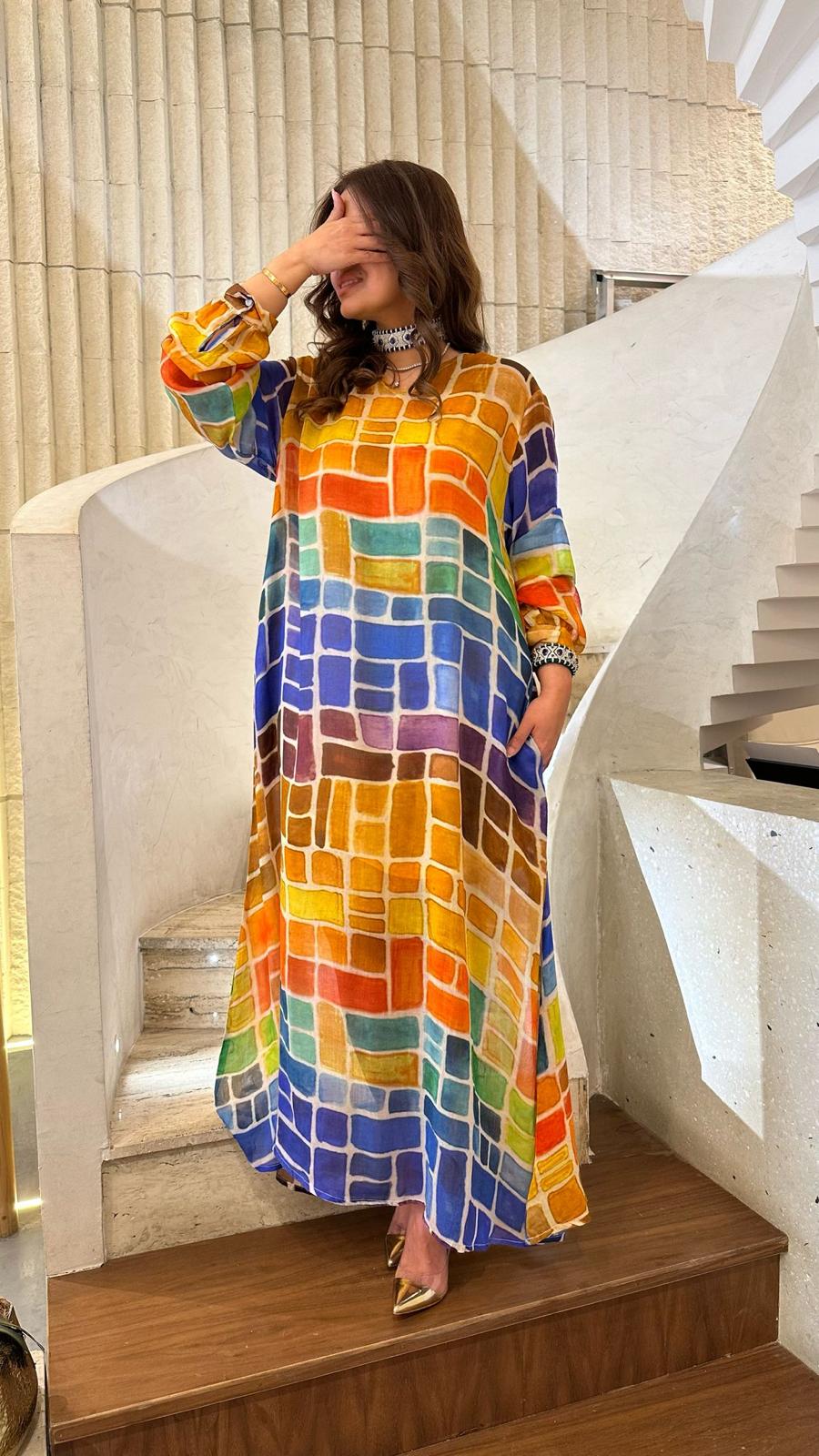 Design-304 V Neck Square Printed A Line Oversized Long Kaftan - Brown Loft