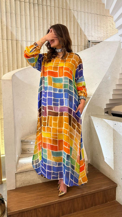 Design-304 V Neck Square Printed A Line Oversized Long Kaftan - Brown Loft