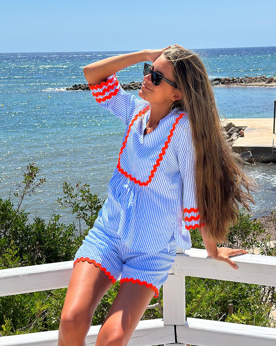 32172/32169 Striped Blouse and Bermuda Shorts Set - Brown Loft