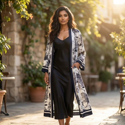 KD7182TN Safari Print Satin Long Cardigan - Brown Loft