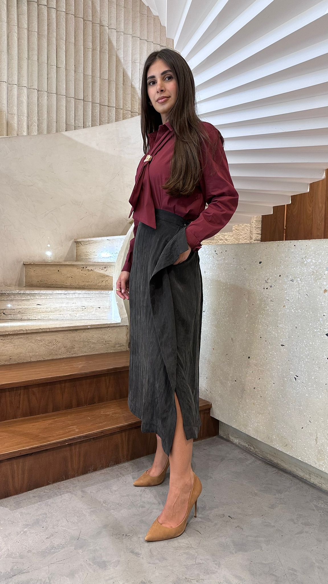 25S-7045 Shiny A-Line Skirt - Brown Loft