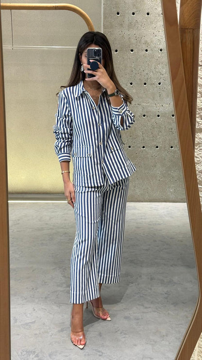 32475 Buttoned Zippered Straight Cut Striped Pants - Brown Loft