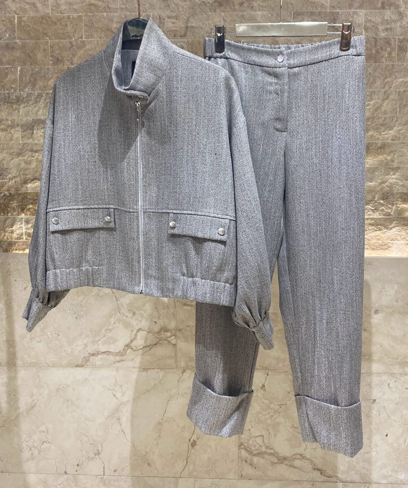 54-1016/5017 Herringbone Weave Jacket And Pants - Brown Loft