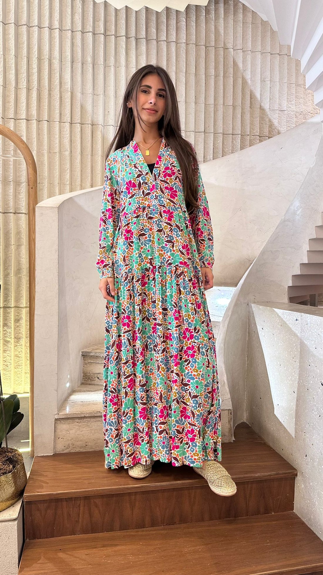 67192 Floral Multi Floral Printed Tiered Long Dress - Brown Loft