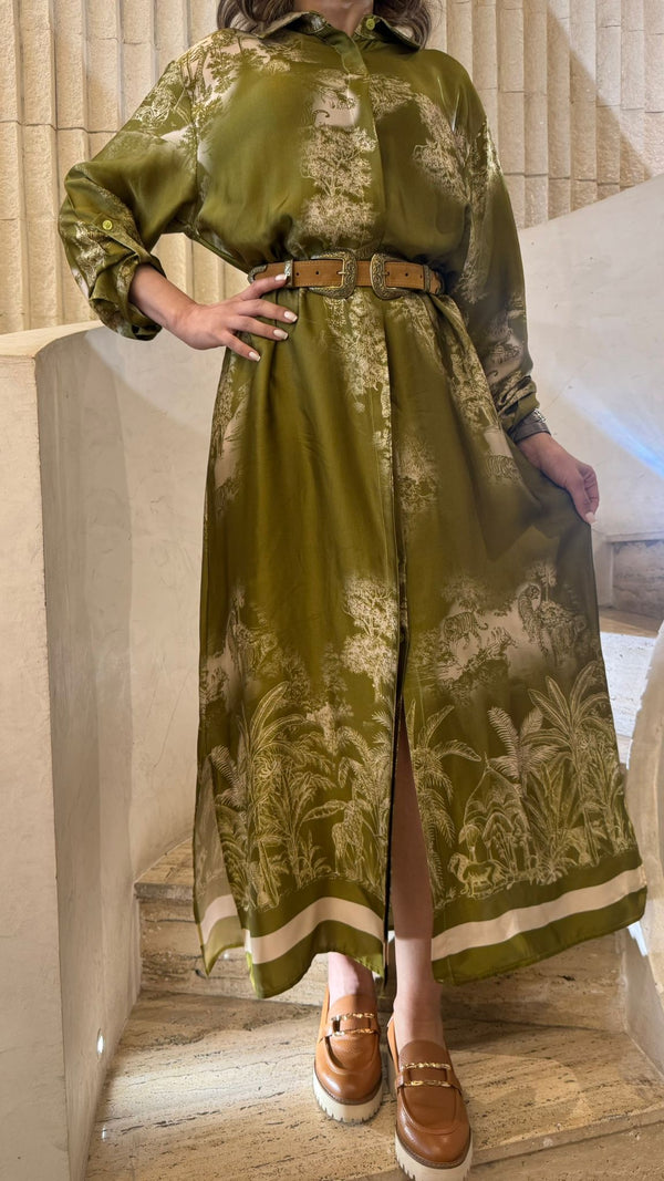 KD6255VS Jungle Print Satin Long Dress فستان طويل من الساتان بطبعة الغابة