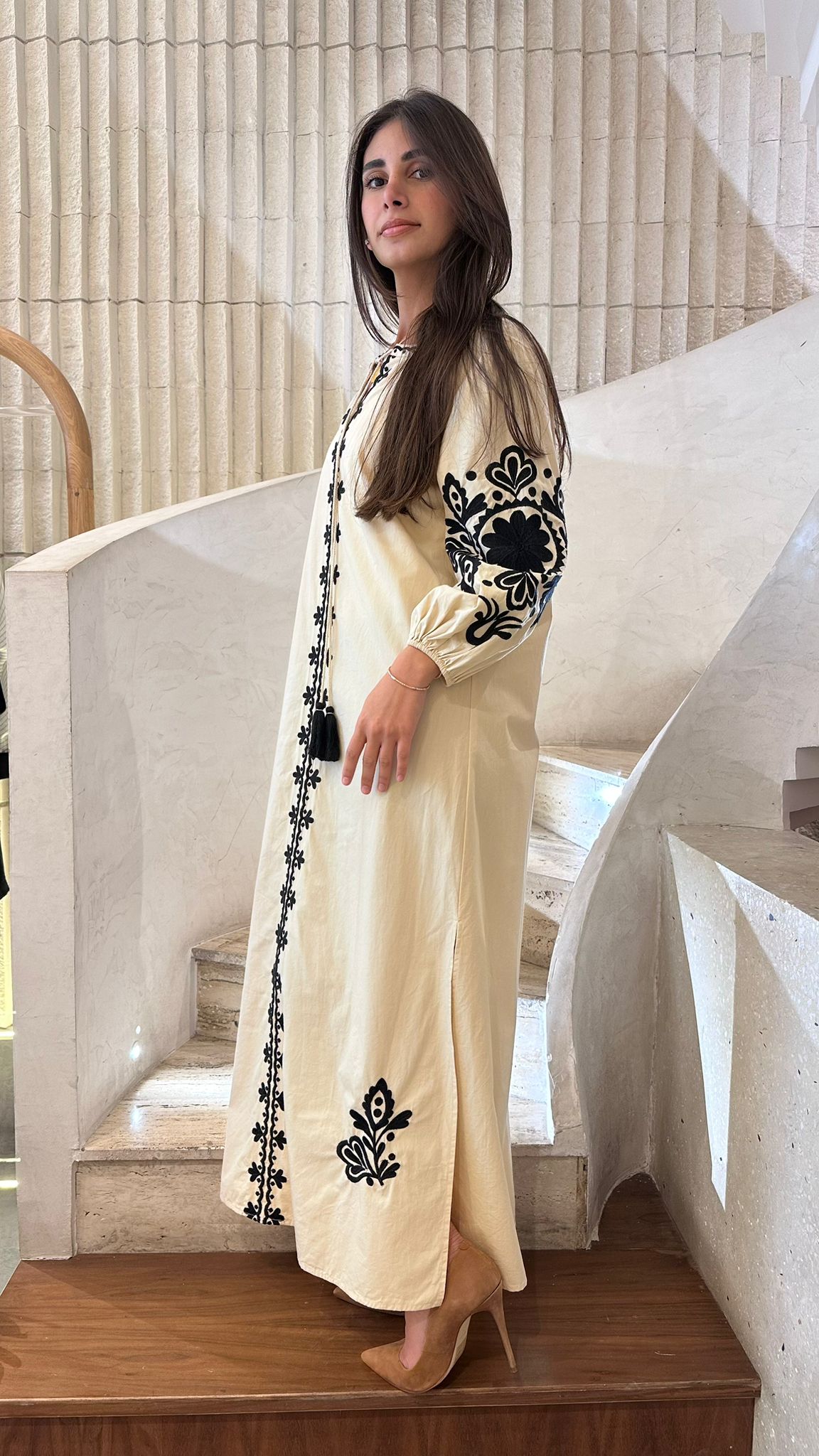 Ivory Embroidered Long Kaftan Dress - AWSS-187 - Brown Loft
