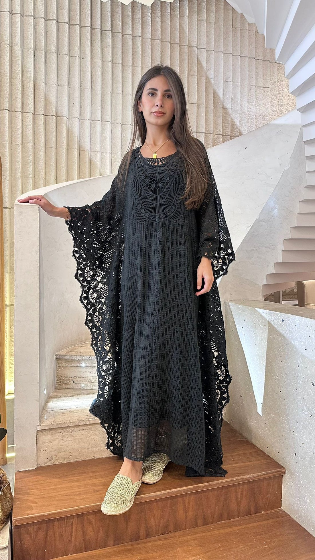 Black Crochet Embroidered Cotton Kaftan - Brown Loft